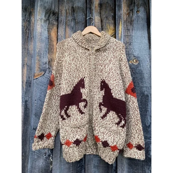 VINTAGE HAND KNIT cowichan horse hand knit wool zip up cardigan sweater large - Picture 4 of 9